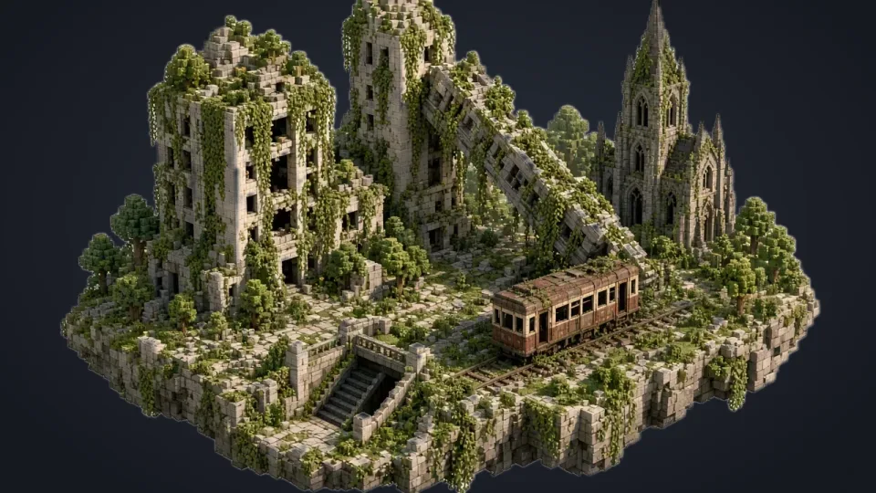 Иллюстрация к карте «Mosslorn - 1000x1000 Abandoned Overgrown City with Lore»